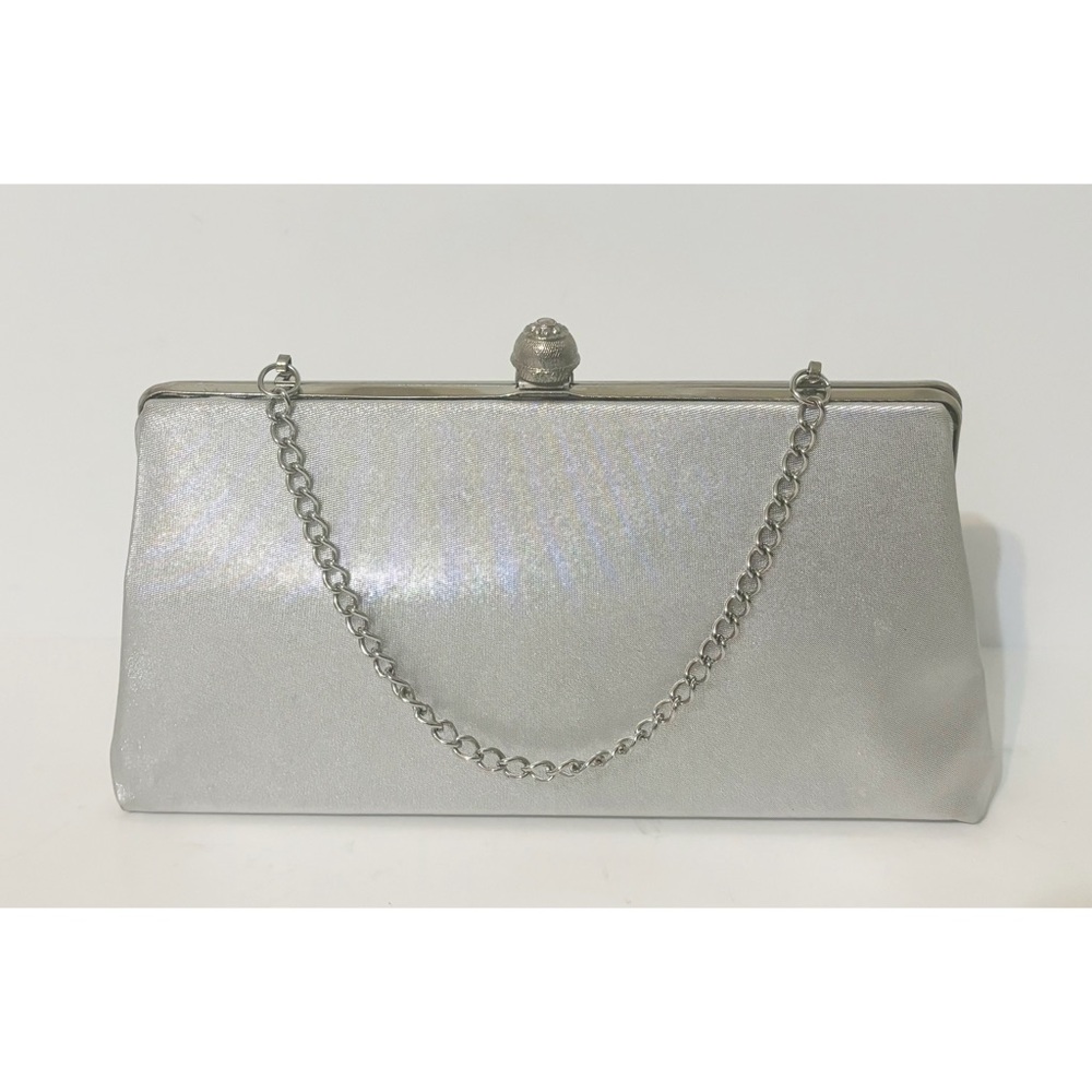 Vtg Metallic Silver Clutch Handbag Kiss Clasp Purse Classy Small Handbag